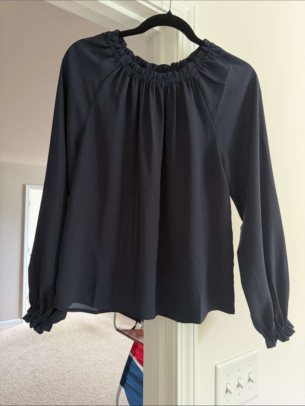 Ann Taylor Navy Smocked-Neck Long Sleeve Blouse